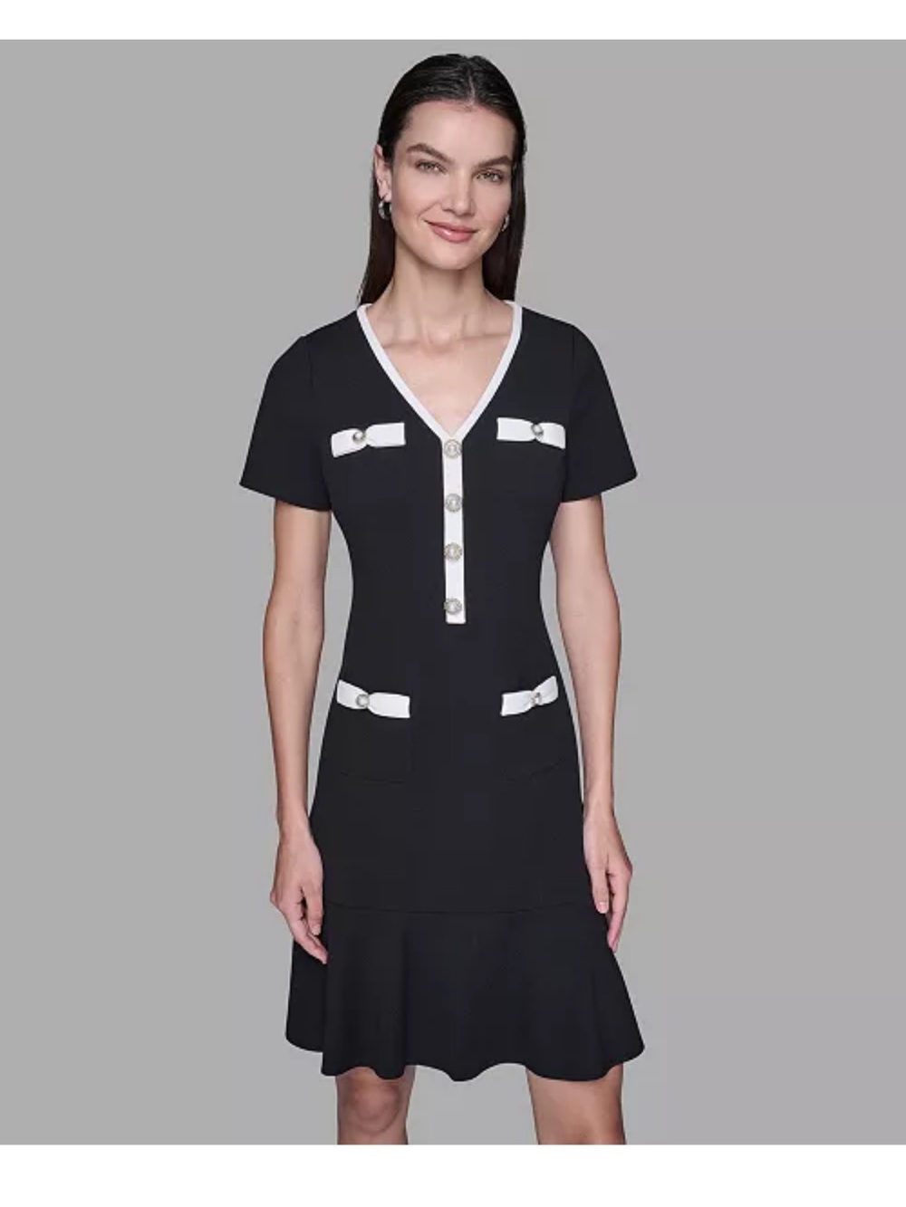 Karl Lagerfeld Black Dress with White Trim and Pearl Buttons